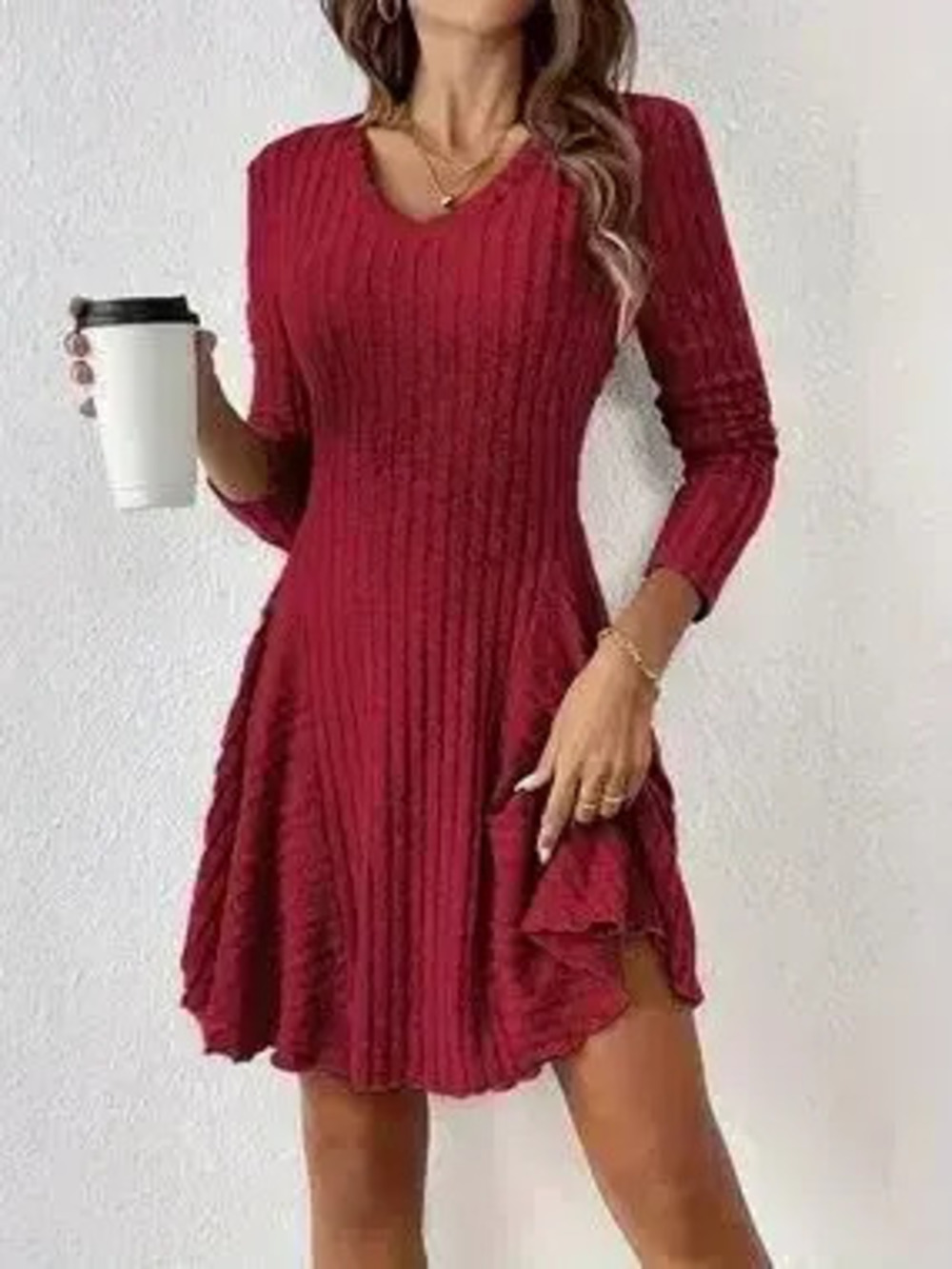 V-Neck Ribbed Knit Flared Knit Dress - Picture 6 of 9